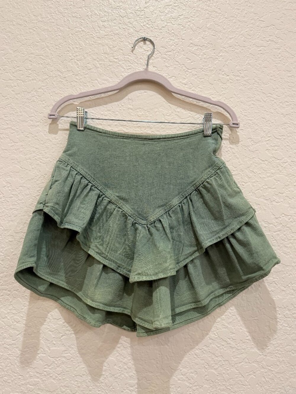 MOTHER The Ruffle Mini Skirt Size 27 Green Loden Frost High Rise Side Zip